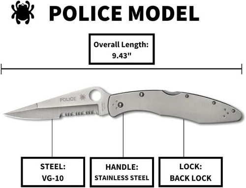 Miniatura 5 de Spyderco Cuchillo de bolsillo plegable Police con hoja de acero VG-10 de 4.2" pulgadas y mango de acero inoxidable - Cuchillo EDC para hombres