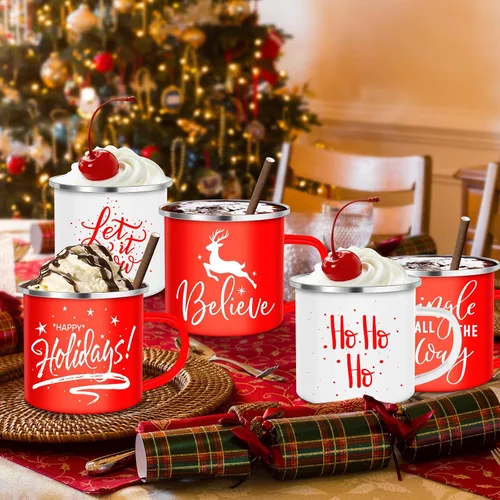 Miniatura 6 de Uiifan 10 Piezas Tazas de Esmalte de Navidad a Granel Lindas de 12 oz Acero Galvanizado Festivas Divertidas Novedosas Taza de Café Feliz Navidad