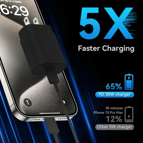 Miniatura 2 de Cargador de teléfono 17, 16, 15, carga rápida, bloque de carga USB C de 30 W con cable de carga C de 6.6 pies de largo para teléfono 17, 16, 15 Pro