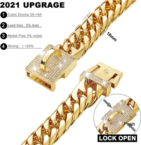 Miniatura 4 de Collar de cadena de metal para perro con diseño de hebilla segura, eslabones cubanos dorados fuertes y resistentes a las mordidas para perros