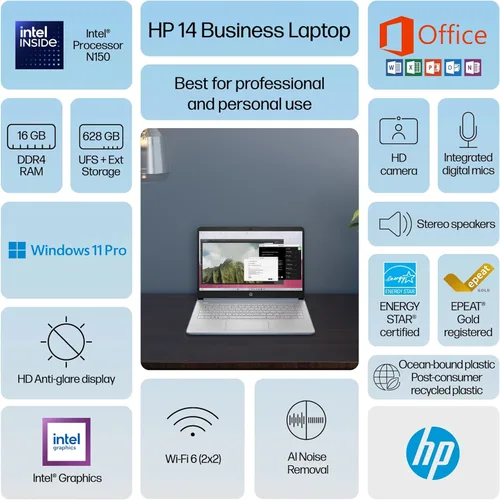 Miniatura 3 de HP Laptop insignia de 14” con potencia de IA 2025, Office de por vida, para estudiantes y negocios, CPU Intel de 4 núcleos, 16 GB de RAM, 628 GB
