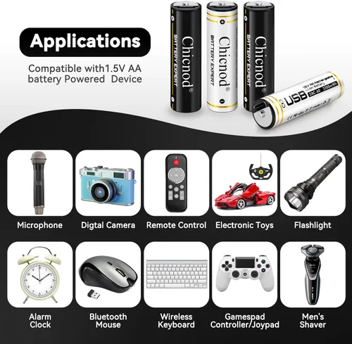 Miniatura 6 de Baterías AA recargables USB-C, 3300 mWh de iones de litio de 1.5 V de voltaje constante, baterías de litio dobles A de carga rápida con cable tipo