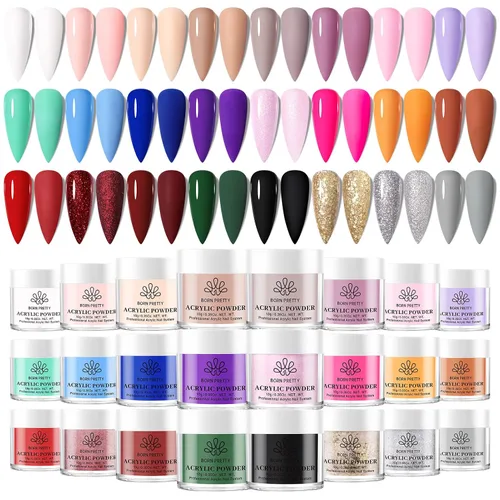 Born Pretty - Juego de polvos acrílicos de 24 colores, set de polvos acrílicos para uñas con colores de otoño e invierno, polvos pigmentados para