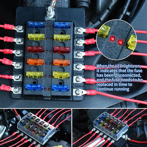 Miniatura 4 de Cuchilla de caja de fusibles de 12 vías de 12 V, caja de fusibles de 12 V con indicador LED, cubierta de humedad y polvo, soporte de caja