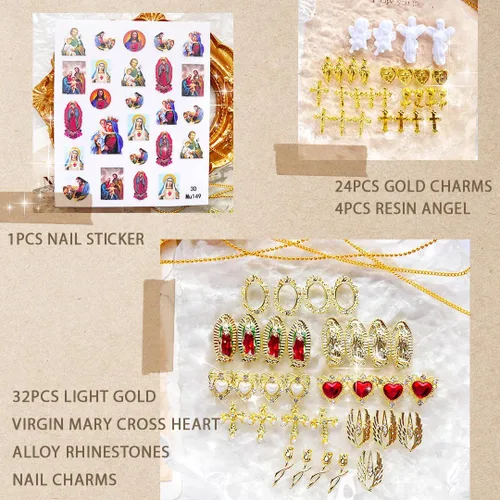 Miniatura 2 de 65 piezas de dijes de uñas de la Virgen María, cruz dorada, 3D, corazón, ángel, flor de rosa, aleación, diamantes de imitación, para arte de uñas