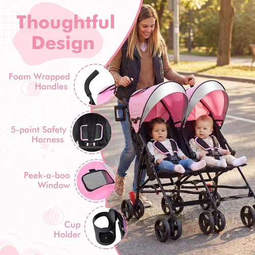 Miniatura 3 de BABY JOY Cochecito Doble con Paraguas, Cochecito de Viaje Ligero Lado a Lado para Gemelos con Gran Almacenamiento, Portavasos, Arnés de Seguridad