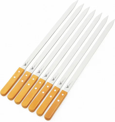 G & F Products Brochetas para barbacoa, pinchos planos de acero inoxidable de 23 x 5/8 pulgadas con asas de madera, juego de 8 piezas con bolsa de