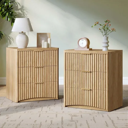 Miniatura 19 de Evermagin Mesita de noche acanalada, mesita de noche de roble natural con cajón y almacenamiento, mesa auxiliar de madera moderna de mediados