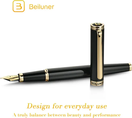 Miniatura 2 de BEILUNER Pluma estilográfica negra, impresionantes plumas de lujo con detalles de oro de 24 quilates, hermosa plumilla dorada de 24 quilates Negro
