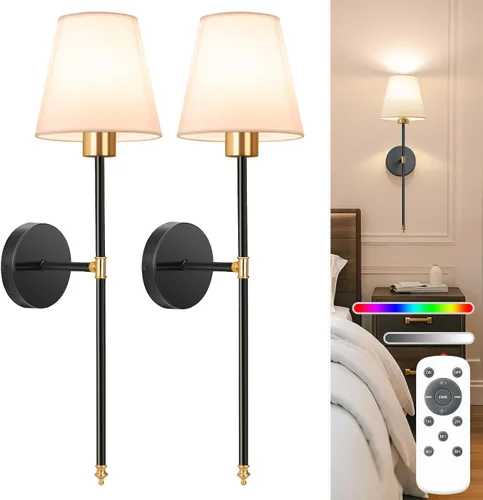 Miniatura 11 de NIORSUN Juego de 2 apliques de pared con pilas de 13.8 pulgadas, luces de pared recargables negras con bombillas desmontables regulables de 10400
