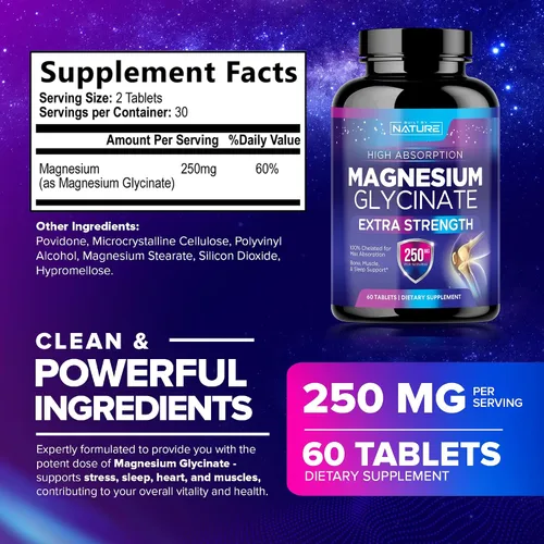 Miniatura 3 de Glicinato de magnesio 250 mg - Suplemento de magnesio quelado de alta absorción - Glicinato de magnesio 100% puro - Apoyo para la salud del estrés