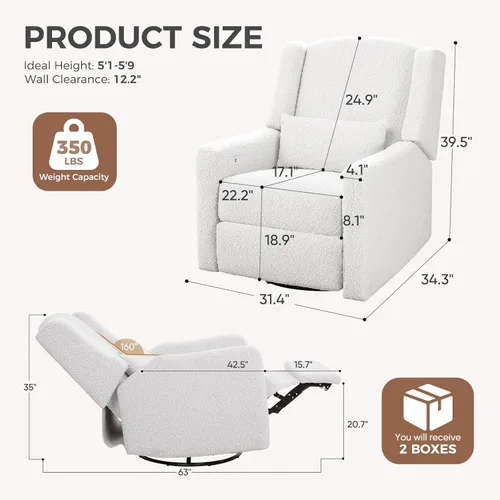 Miniatura 2 de Power Glider - Silla reclinable para guardería con puertos USB, mecedora suave para guardería, silla giratoria con almohada lumbar para sala