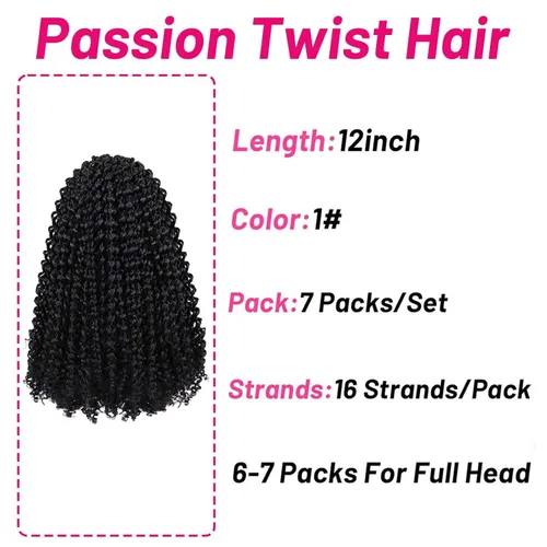 Miniatura 2 de Dorsanee Cabello Negro Passion Twist de 12 Pulgadas, 7 Paquetes, Cabello de Ganchillo de Ondas de Agua, Cabello Largo Bohemio Rizado para Trenzar