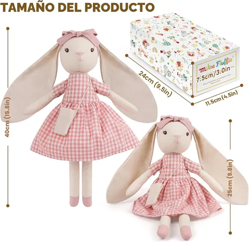 Miniatura 2 de Peluche de conejo de 15 pulgadas para niñas, muñeca de juguete de peluche con vestido rosa a cuadros, bonito juego de muñeca para vestir para niñas