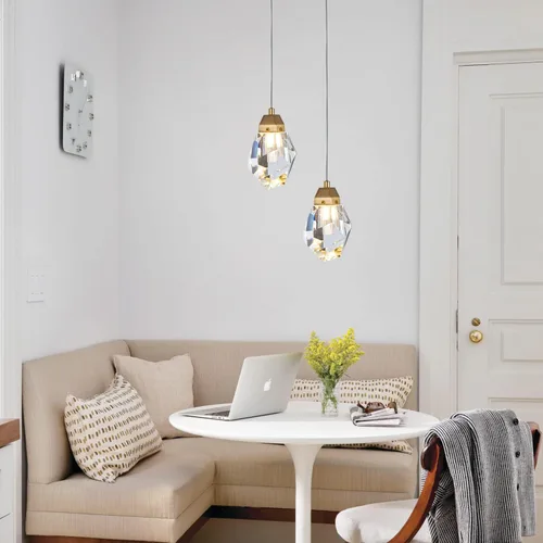 Miniatura 3 de Lámpara colgante de cristal de diamante de 1 luz, lámpara colgante mini para techo en acabado de latón cepillado dorado, lámpara colgante LED