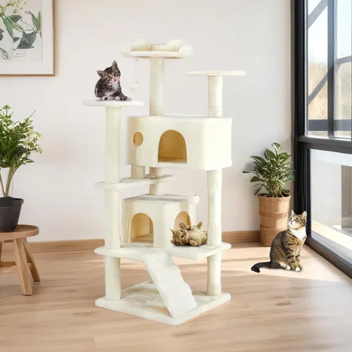 Miniatura 7 de Sweetcrispy Torre de árbol para gatos de 54 pulgadas, torre de varios niveles con poste rascador para gatos, condominio interior para gatos con Gris