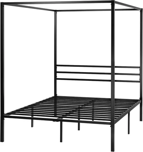 Miniatura 7 de ikalido Marco de cama con dosel de metal tamaño completo, marco de cama con plataforma moderna de cuatro postes, base de colchón, espacio de Negro