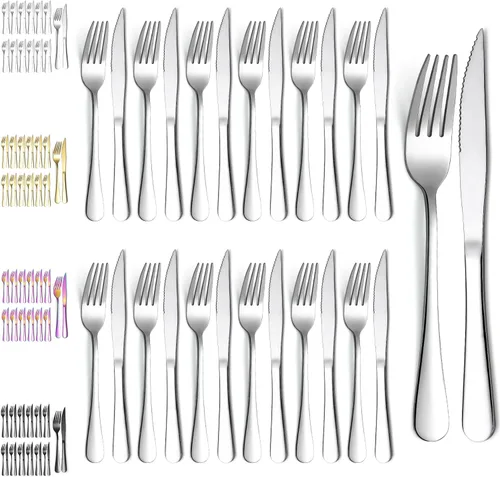 Miniatura 9 de Evanda Rainbow - Juego de cuchillos para carne, 12 piezas, acero inoxidable chapado en titanio arcoíris, 6 tenedores y 6 cuchillos de cena