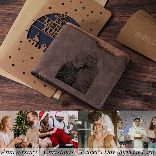 Miniatura 18 de INBLUE Billetera plegable grabada personalizada, cartera de cuero personalizada con foto y texto grabado, regalos para hombres, marido, papá, hijo