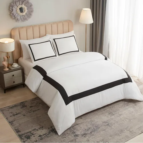 Miniatura 6 de OSVINO Juego de funda de edredón de hotel, tamaño individual, 2 piezas, microfibra con patrón de líneas negras, colección de ropa de cama, ultra