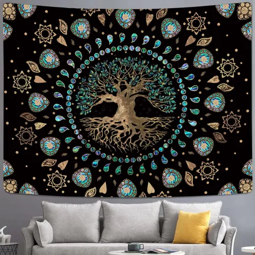 Miniatura 4 de Tapiz de árbol de la vida para dormitorio, tapiz de mandala hippie estético, naturaleza espiritual, tapices de árbol de abulón y dorado, tapiz