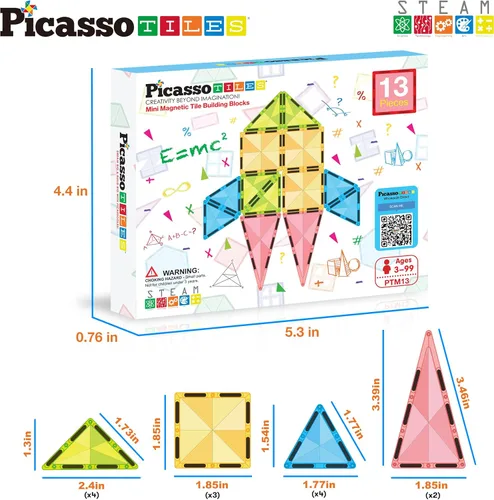 Miniatura 6 de PicassoTiles Juego de bloques de construcción magnéticos tamaño de viaje Serie mini Diamond, bloques de construcción magnéticos, juguetes 13 piezas