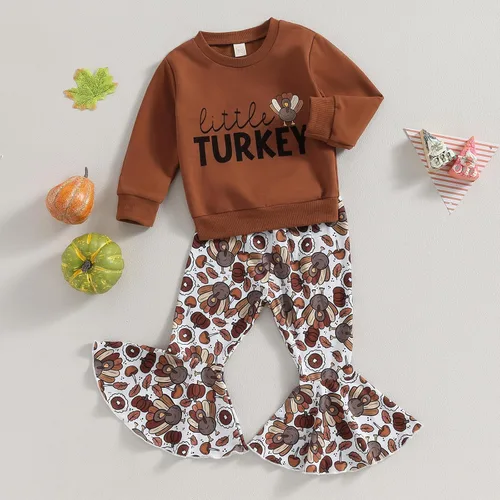Miniatura 2 de BemeyourBBs Conjunto de sudadera de manga larga de pavo para niña con pantalones acampanados, ropa de otoño