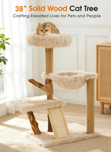 Miniatura 2 de Letkind Torre moderna para gatos de 38 pulgadas para gatos grandes de interior, perches-torre de madera maciza natural para gatos con poste rascador