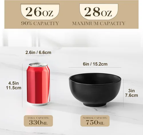 Miniatura 2 de MALACASA Juego de 6 cuencos de sopa de porcelana de 26 onzas, cuencos de cerámica negra para cocina, cuenco de cereales para avena, fruta, ensalada