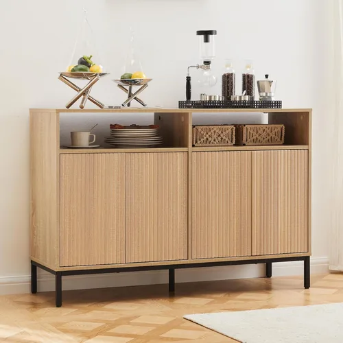 Mericonia Aparador Buffet de Granja con Almacenamiento, Barra de Café Acanalada con Puertas y Estantes Ajustables, Gabinete de Consola de Madera A