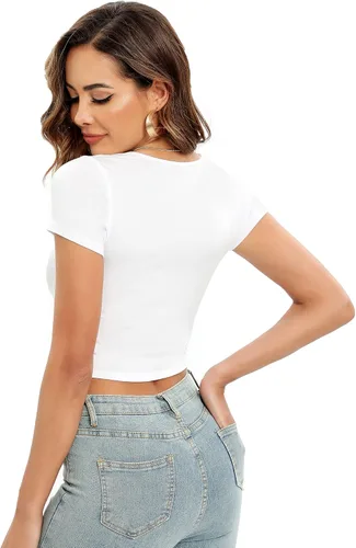Miniatura 5 de Paquete de 4 camisetas cortas básicas ajustadas de manga corta para mujer, lindas camisetas cortas de moda con cuello redondo para mujeres