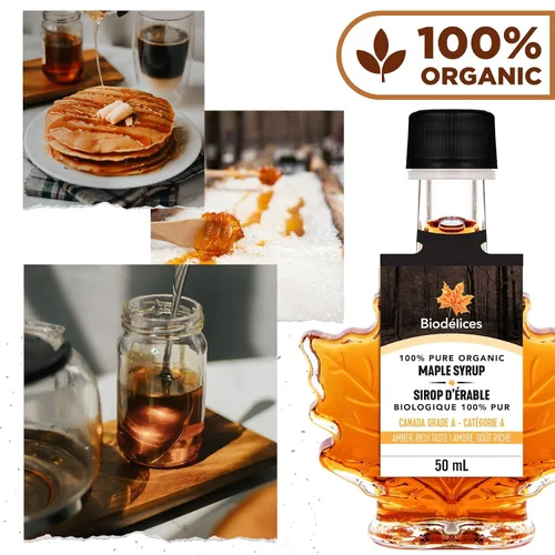 Miniatura 4 de Biodélices - Jarabe de arce orgánico 100 % puro, grado premium, calidad A, lo mejor de Quebec en elegante botella de hoja de arce de Biodélices