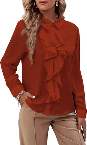 Miniatura 32 de LYANER - Blusa de manga larga con cuello de botón y volantes en la parte delantera para mujer