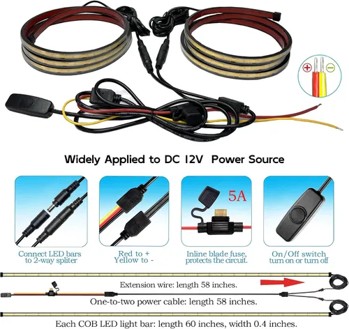 Miniatura 6 de Luces LED para caja de camión, 60 pulgadas, paquete de 2, COB 1584 LED, color blanco, 6500 K, 12 V, 30 W, IP67, con interruptor, soporte de fusibles