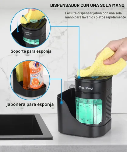 Miniatura 2 de Dispensador de jabón para platos de cocina con soporte para esponja, juego de dispensador de bomba de jabón para lavavajillas 3 en 1 para encimera