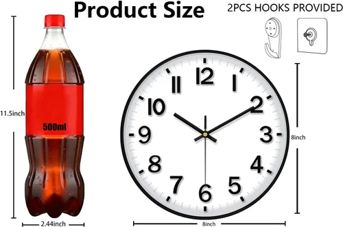 Miniatura 3 de Reloj de pared negro, reloj de pared de 8 pulgadas, funciona con pilas, redondo, moderno, sin tictac, silencioso, digital, analógico, pequeño, reloj