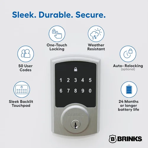 Miniatura 2 de Brinks Cerradura electrónica de puerta con panel táctil sin llave, níquel satinado, cerrojo retroiluminado con teclado con seguridad avanzada