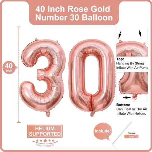 Miniatura 2 de Lovoir Globo de oro rosa de 40 pulgadas con número de 30 dígitos gigantes de papel de aluminio de Mylar para helio de 30 años, decoraciones de oro