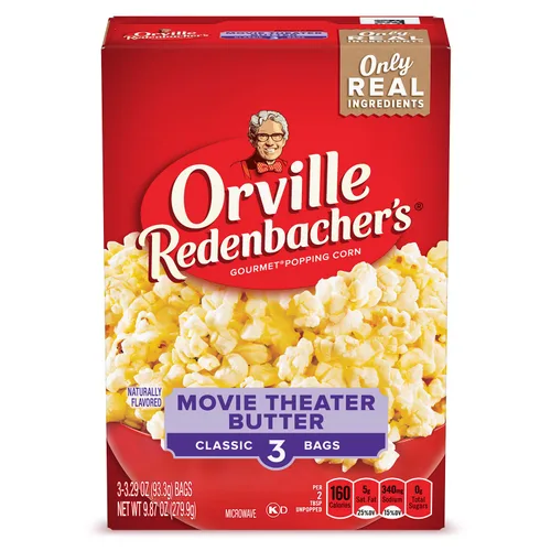 Orville Redenbacher's Movie Theater Butter- Palomitas de maíz para microondas con sabor a mantequilla, sin gluten, 3 bolsas (12 cajas)