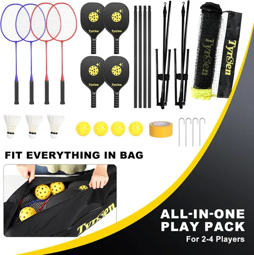 Miniatura 7 de Juego de red portátil de bádminton de pickleball de 17 pies, altura ajustable, red todo en uno con 4 paletas de pickleball 4 raquetas de bádminton
