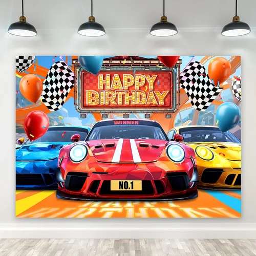 Miniatura 12 de Riyidecor Telón de fondo de feliz cumpleaños de coche de carreras, bandera de cuadros negros y blancos de neón de 5 pulgadas de ancho x 3 pies