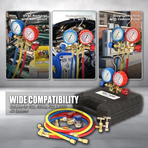 Miniatura 6 de Juego de manómetro de 3 vías de AC, compatible con refrigerantes R134A R12 R22 y R502, con manguera de 5 pies, adaptadores de tanque Acme