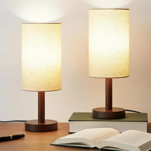 LALISU Lámpara de mesa pequeña para mesita de noche, pantalla de lino, para dormitorio, base de madera, pequeña lámpara de noche para mesitas de
