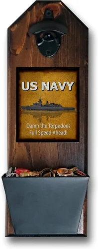 "U.S. Navy - Damn the Torpedoes" - Abrebotellas y receptor de tapas montado en la pared, letrero rústico, hecho a mano por un veterinario, 100% pino