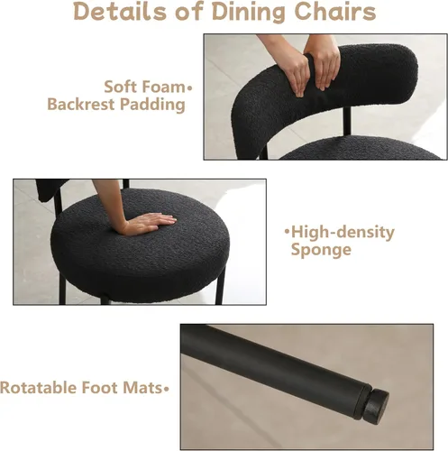 Miniatura 5 de Juego de 2 sillas de comedor negras redondas tapizadas de bouclé para el comedor, sillas de cocina modernas de mediados de siglo con respaldo curvo