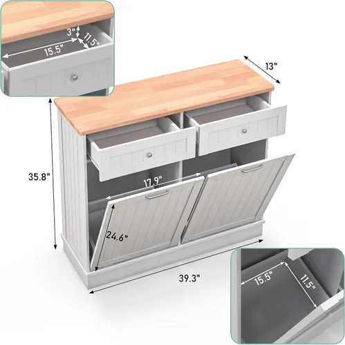Miniatura 3 de TOLEAD - Armario de basura extraíble, isla de cocina estilo antiguo con tablero de perlas, superficie de madera maciza y cajón, contenedor de basura