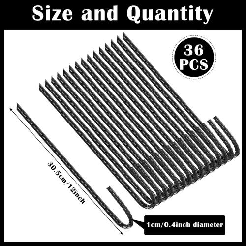 Miniatura 2 de Sadnyy Paquete de 36 estacas de refuerzo resistentes de 12 pulgadas con gancho en J, estacas de acero negro para jardín, trampolín, tienda