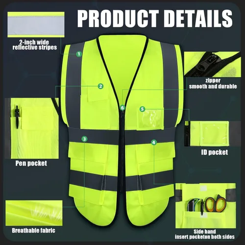 Miniatura 3 de Leumoi Paquete de 30 chalecos de seguridad reflectantes con bolsillos y cremallera de alta visibilidad para mujeres y hombres para el trabajo Verde