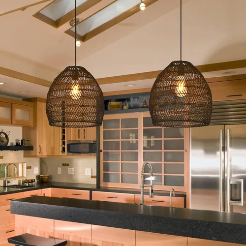 Miniatura 2 de Lámpara colgante de bambú, estilo bohemio, 1 lámpara, lámpara colgante de ratán, luz colgante tejida para cocina, isla de guardería, color negro