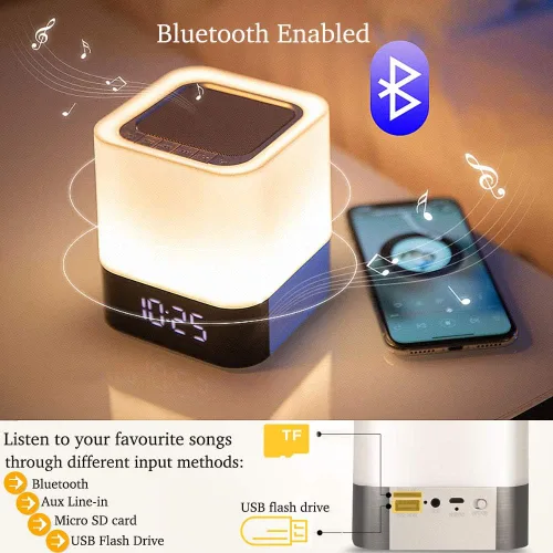 Miniatura 3 de Altavoz Bluetooth con luces nocturnas, reloj despertador inalámbrico Bluetooth, lámpara de noche con sensor táctil, luces nocturnas que cambian